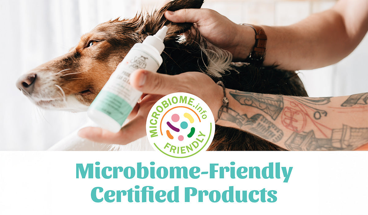 Dog getting his ear's cleaned with the Microbiome Friendly Certified Logo